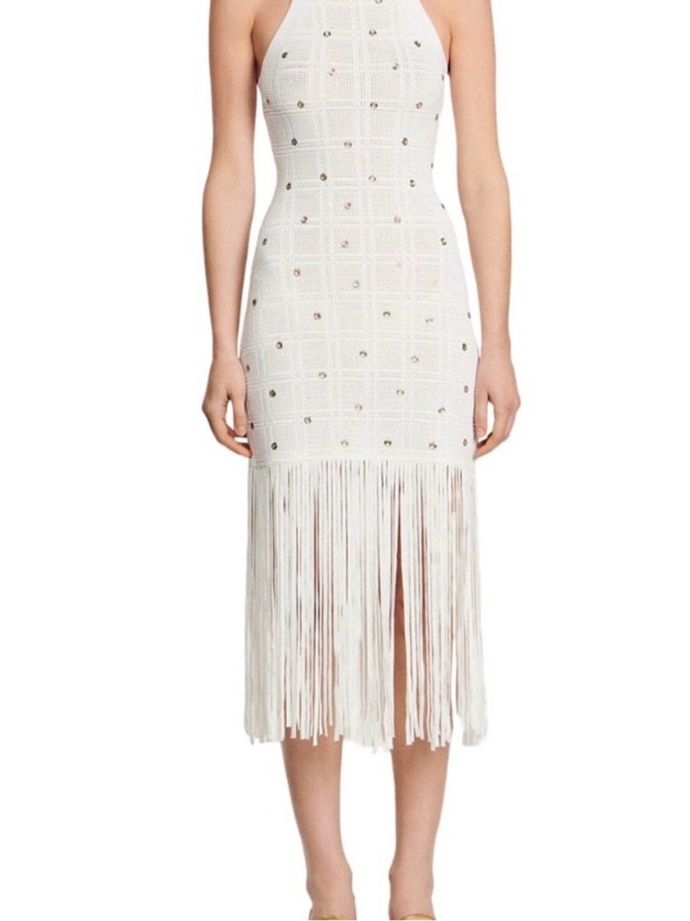 Sandro Pocca White Fringe Knit Midi Dress